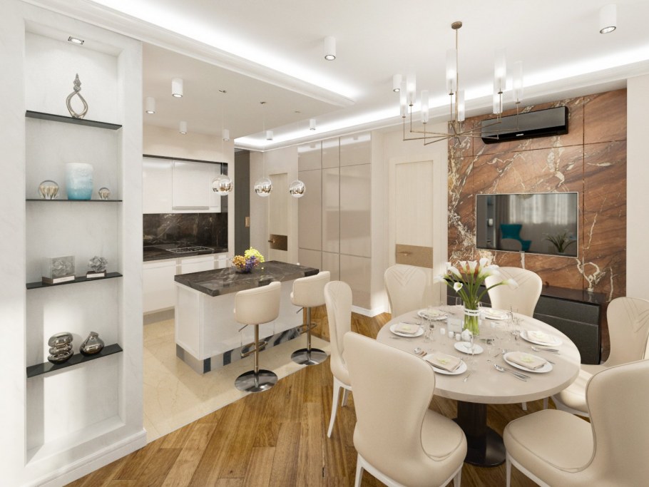 Гостинная совмешена с кухнкй