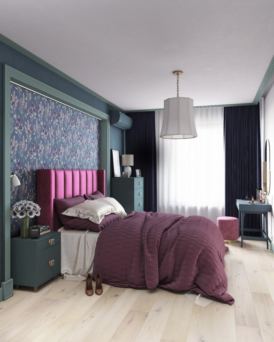 Сочетание серого и ягодного в интерьере