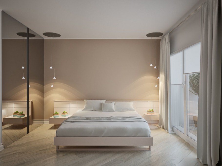 Спальня в минималистическом стиле в светлых тонах