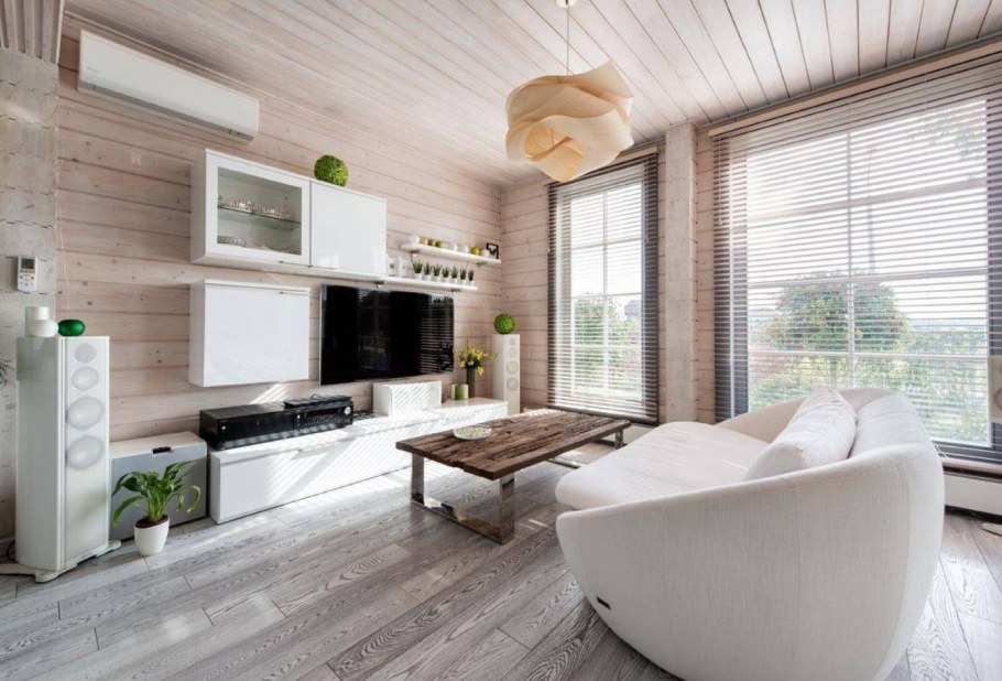 Кухня с гостиной в загородном доме