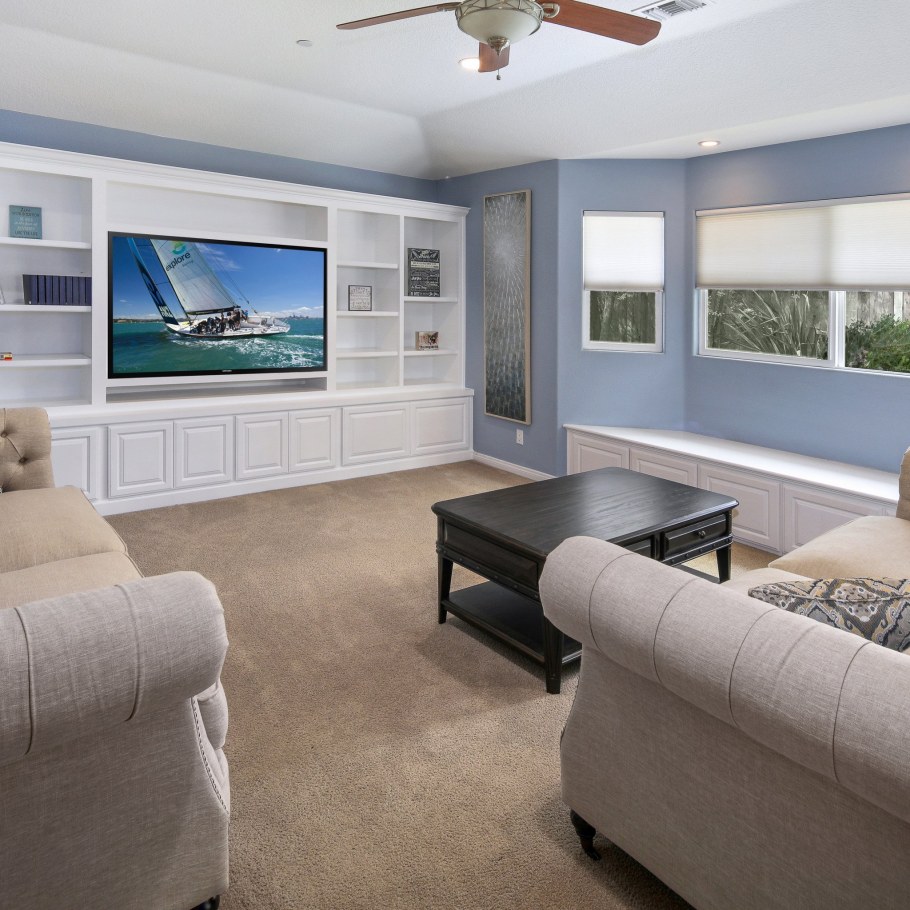 Телевизор у окна в интерьере гостиной