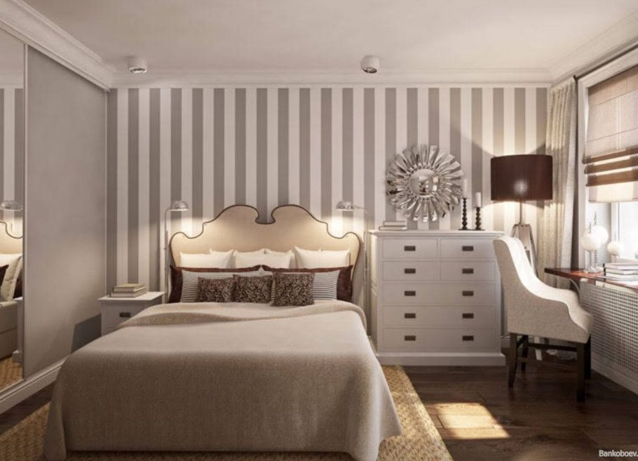 Обои в полоску в спальне