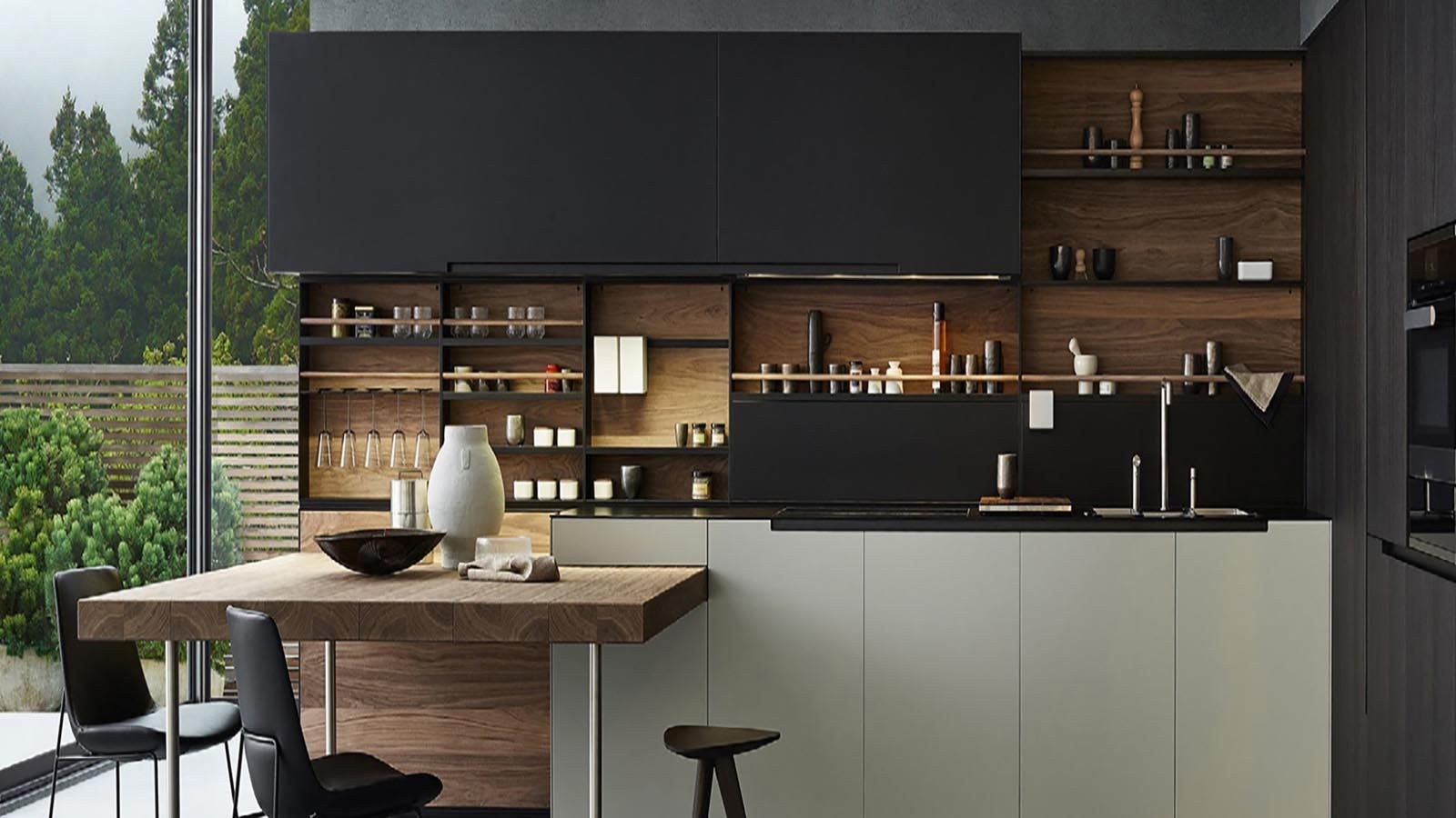 Кухни в стиле минимализм. Кухонный интерьер. Hettich подвесной лоток cosario. Наполнение кухонных ящиков. Барная стойка в интерьере.