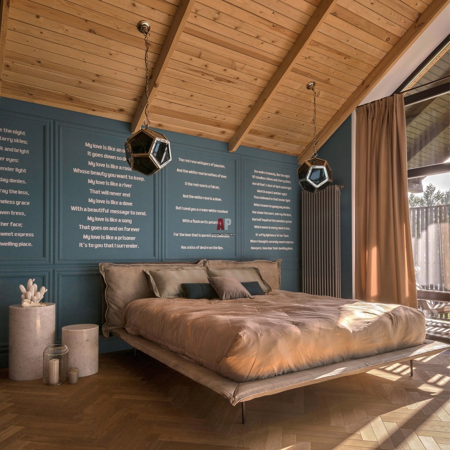спальня в доме из бруса в стиле лофт