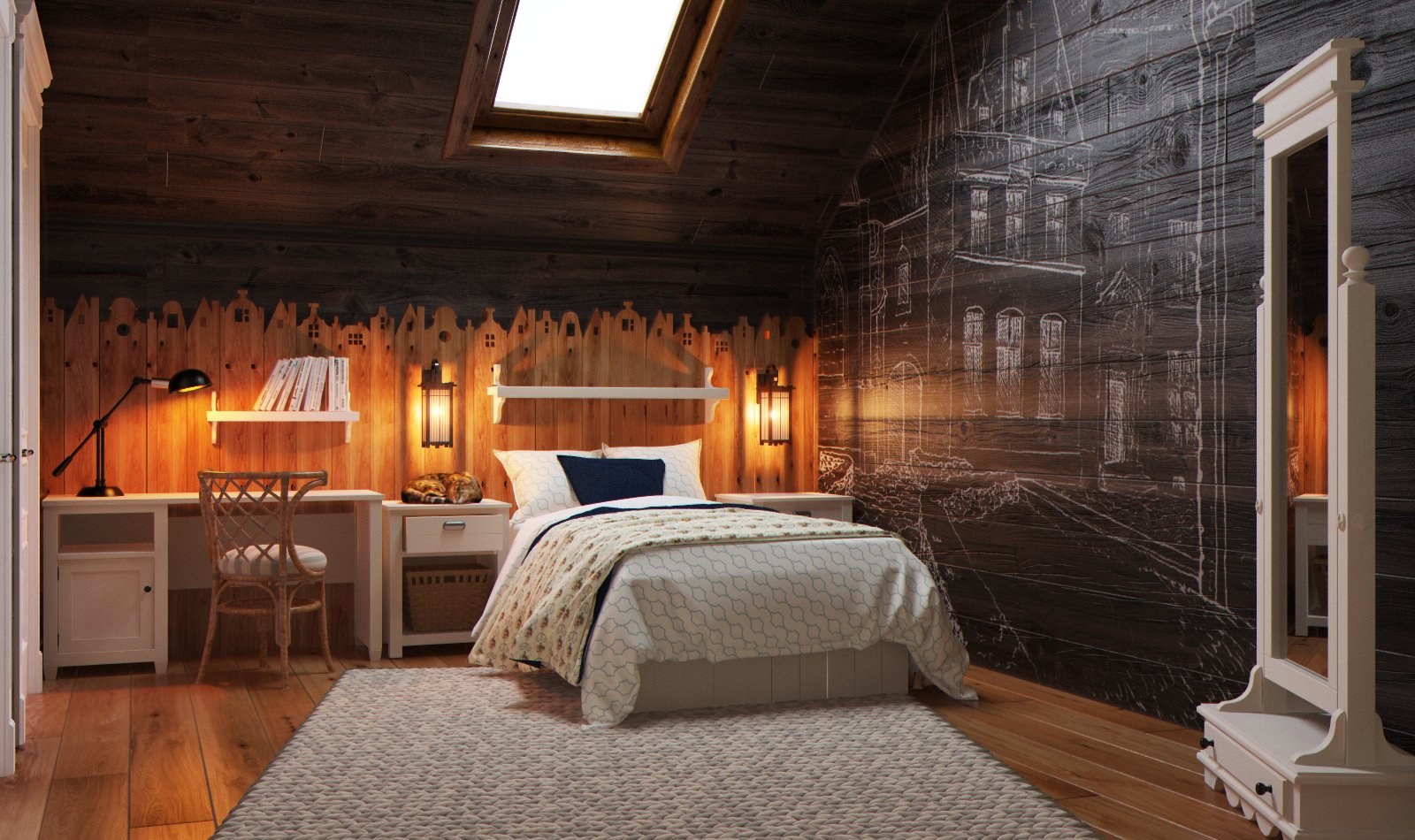 спальня в доме из бруса в стиле лофт