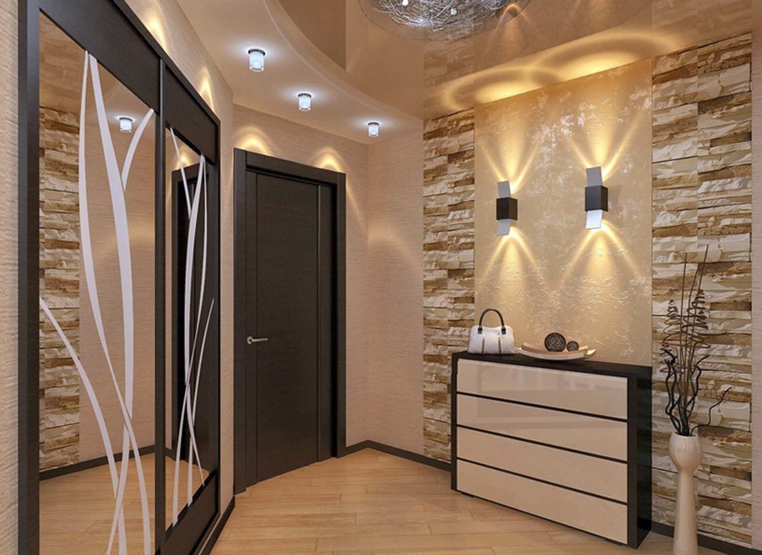 Дизайн коридора в квартире с декоративным камнем и обоями