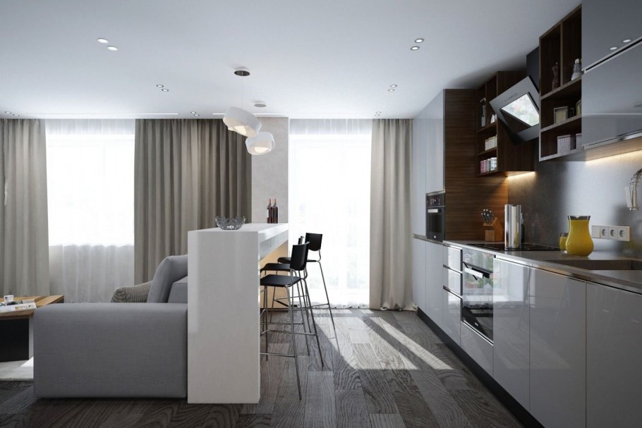 Интерьер кухни студии в современном стиле