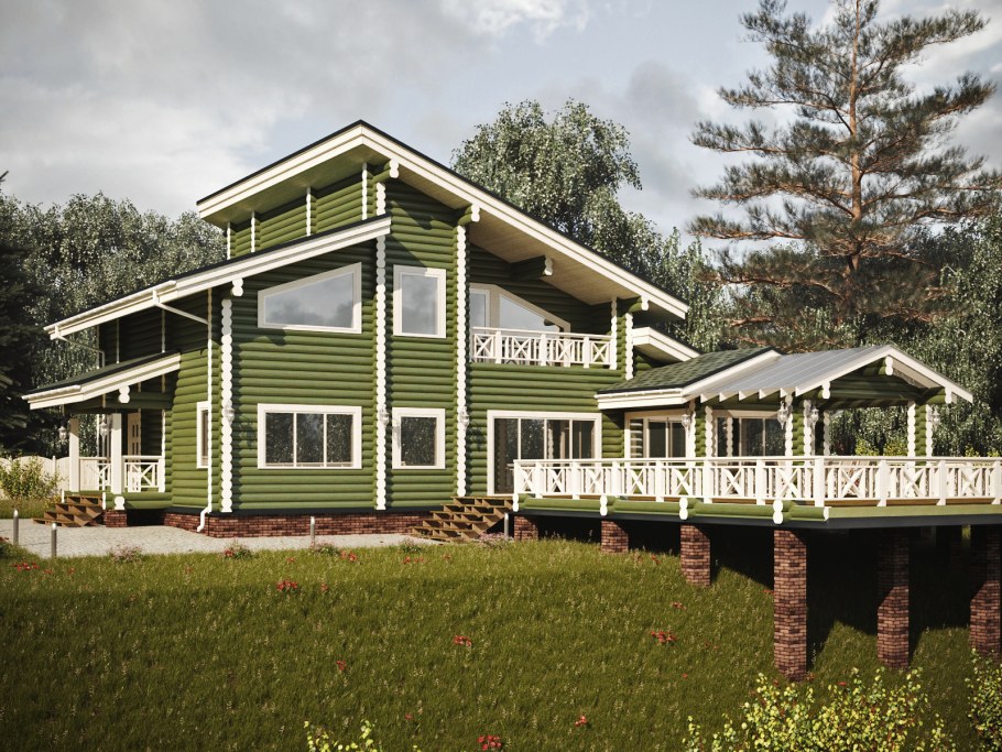 Разноуровневый деревянный дом