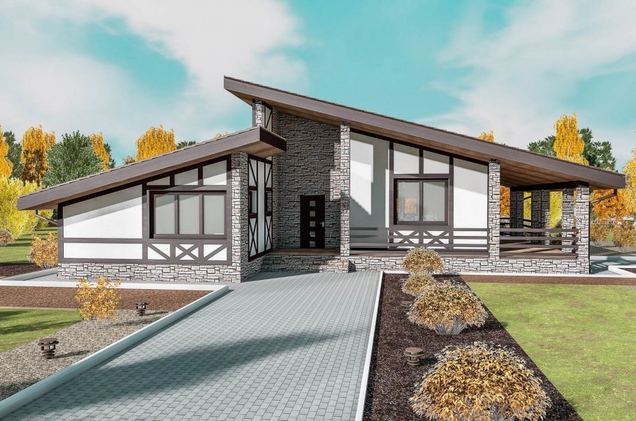 Разноуровневый одноэтажный дом