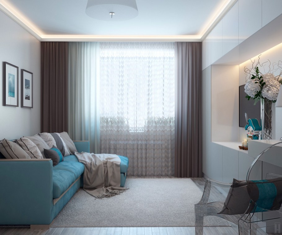 Гостиная в серо бирюзовых тонах