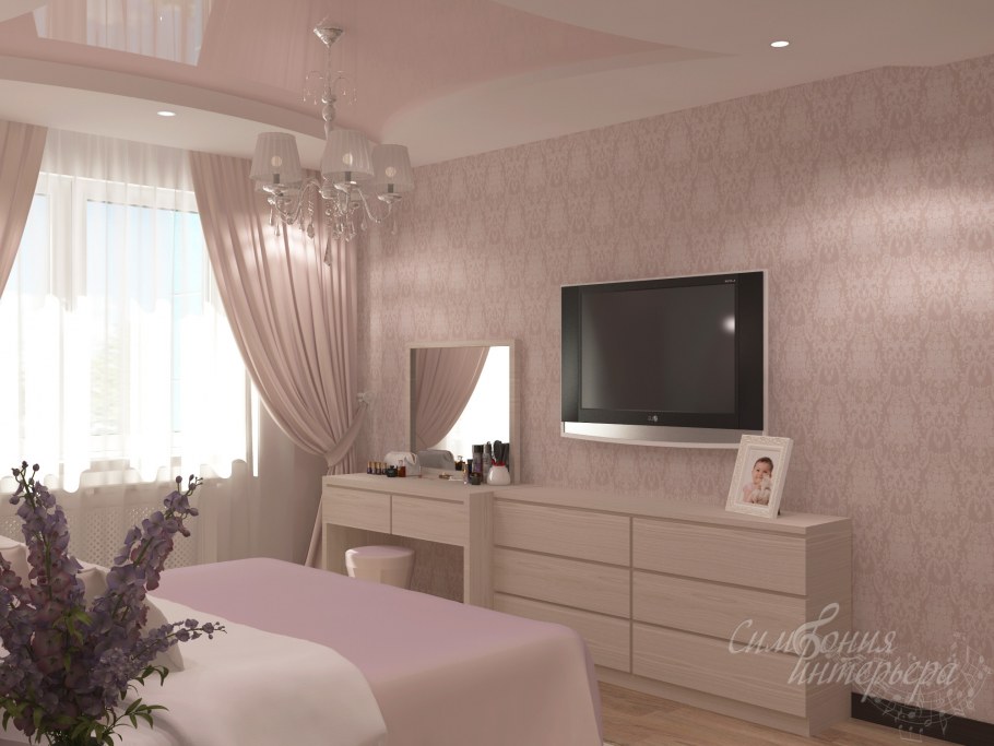 Спальня в бежевых тонах с грязно розовым