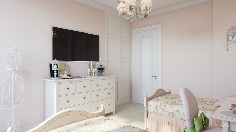 Спальня в сиреневых тонах с белой мебелью в современном стиле