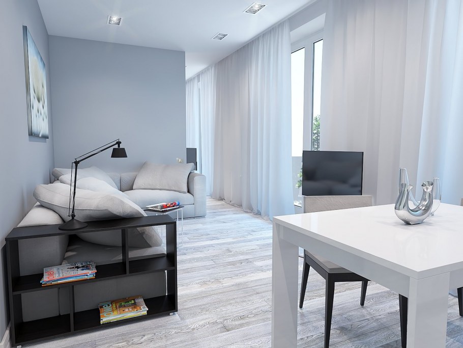 Гостиная в сером цвете с яркими акцентами