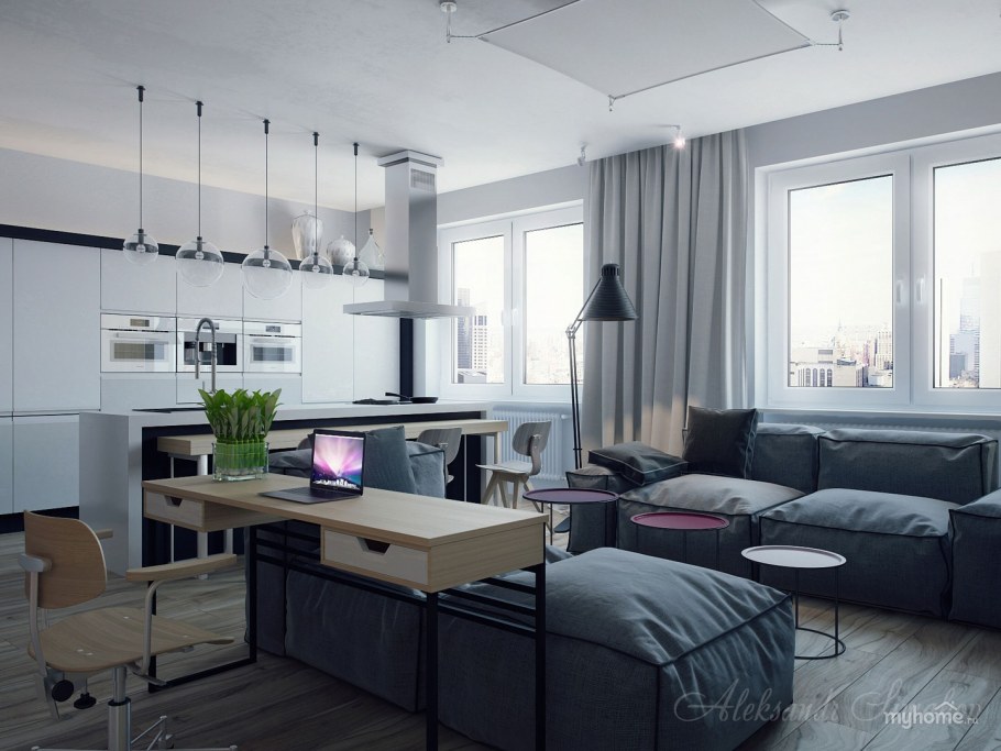 Серо белая кухня гостиная