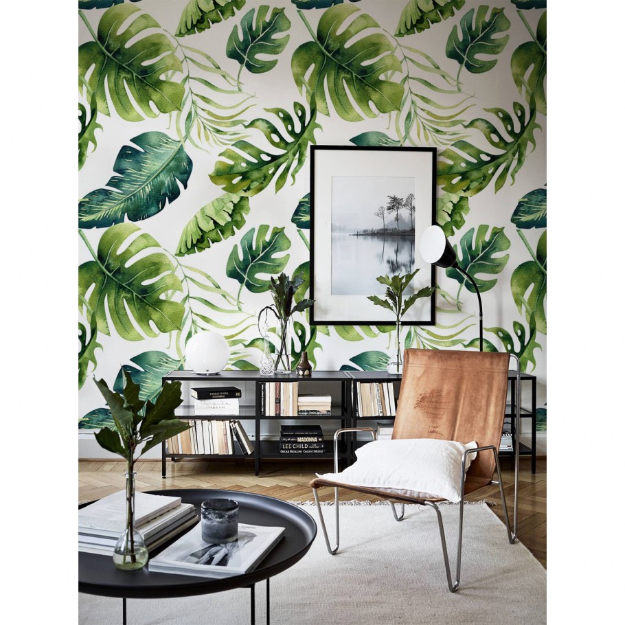 Листья на стене в интерьере