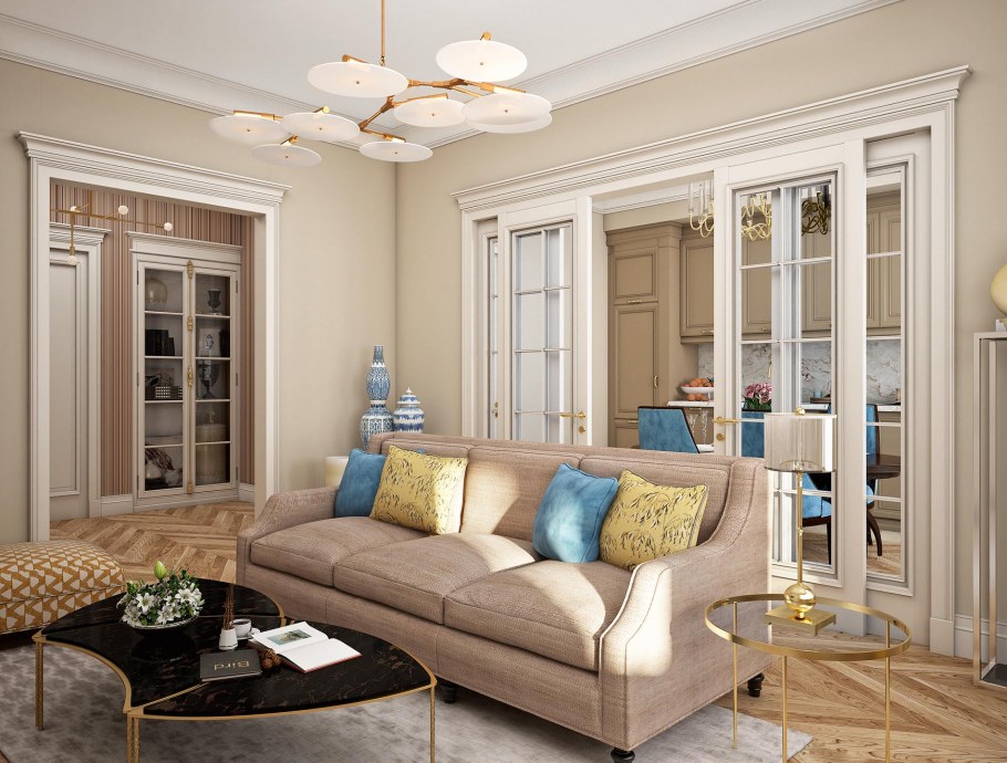 Гостиная в светлых тонах классика