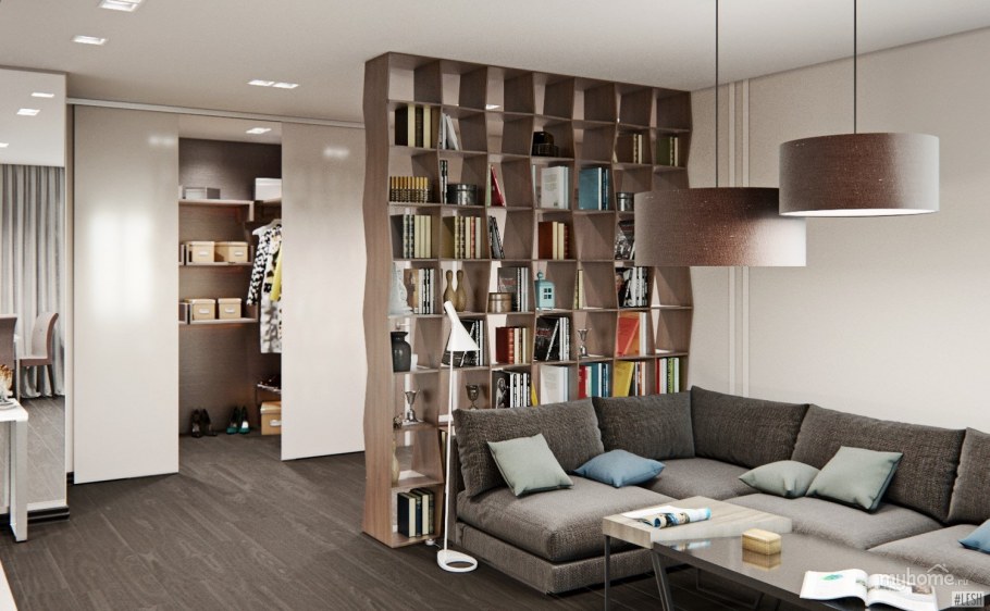 Книжный стеллаж разделяющий гостиную и кухню