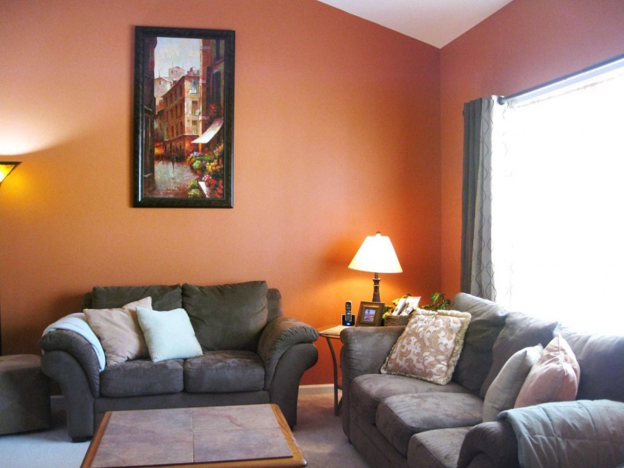 Интерьер гостиной в серо-терракотовом цвете