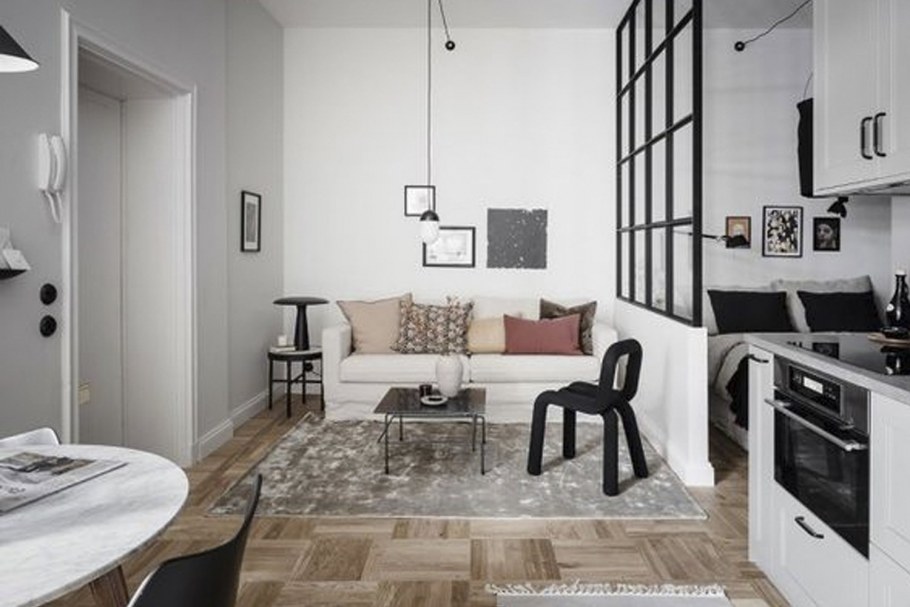 Зонирование кухни в студии 30 кв.м