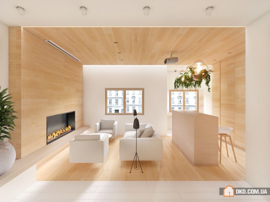 Интерьер белый с деревом