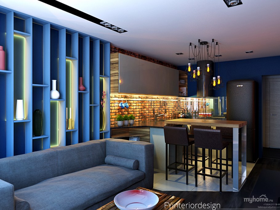 Кухня-гостиная в синих тонах