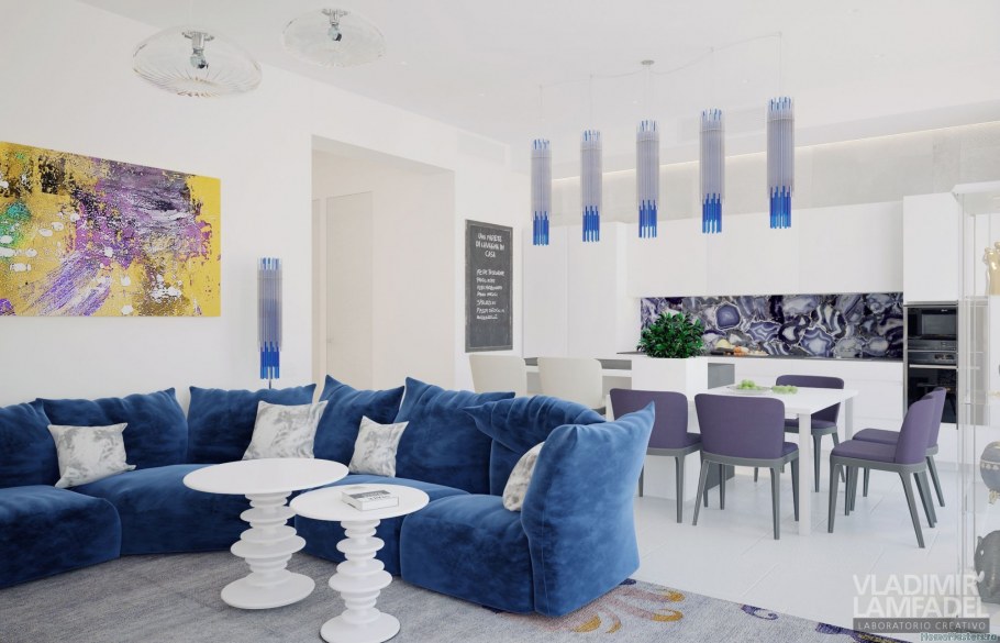 Синий диван на кухне