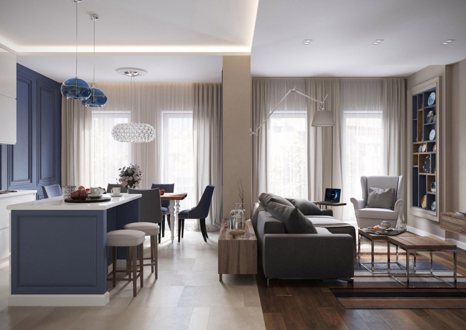 Кухня-гостиная в голубых тонах