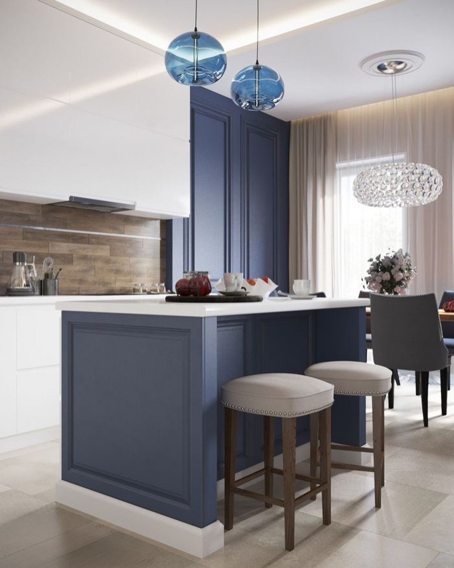Синяя кухня гостиная