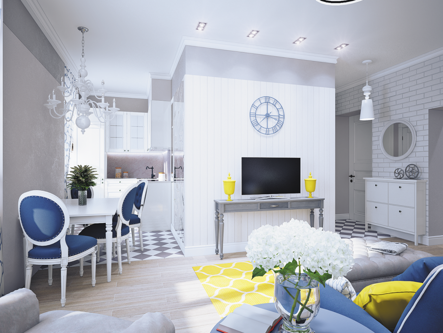 Кухня гостиная в бело голубых тонах