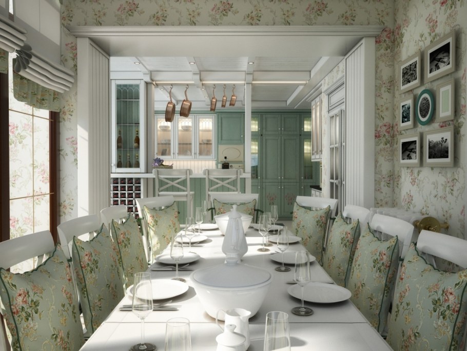 Интерьер стиль Прованс кухни с балконом