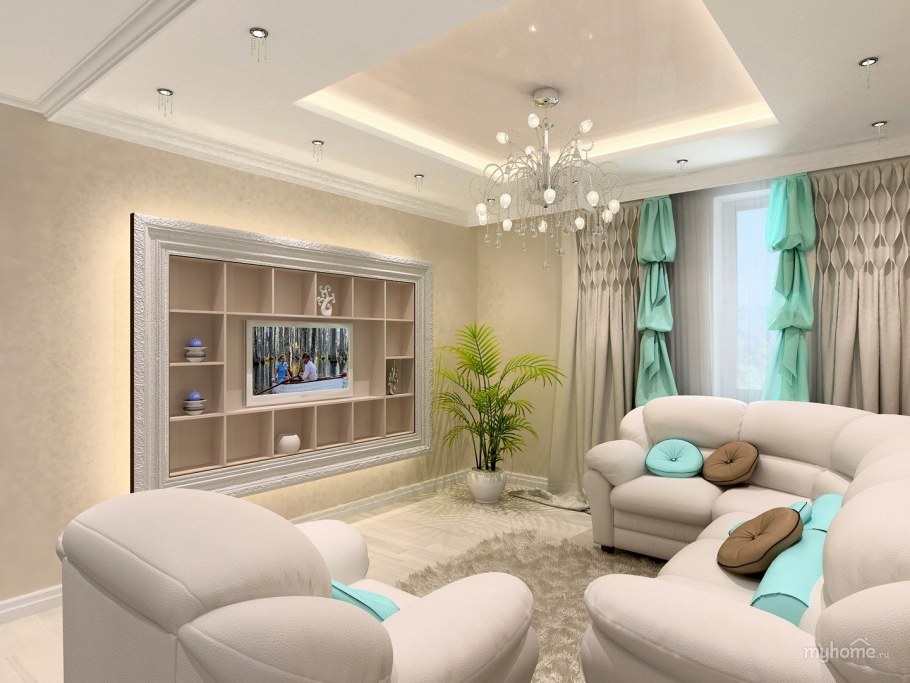 Светлая гостиная в современном стиле с бирюзой