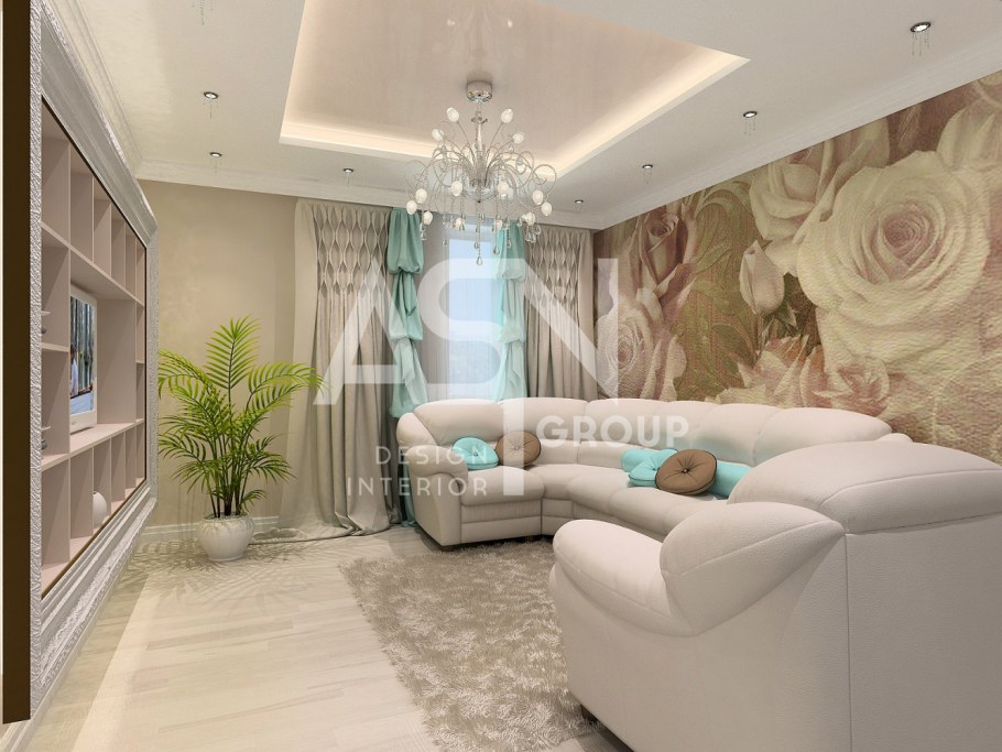 Гостиная в светлых тонах с фотообоями