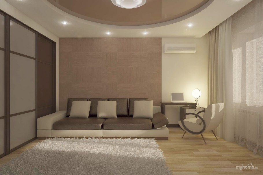 Гостиная с бежевым потолком