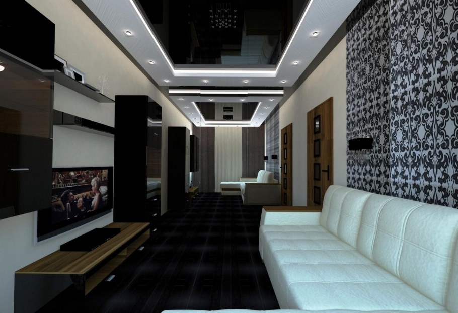 Глянцевый потолок натяжной в гостиной