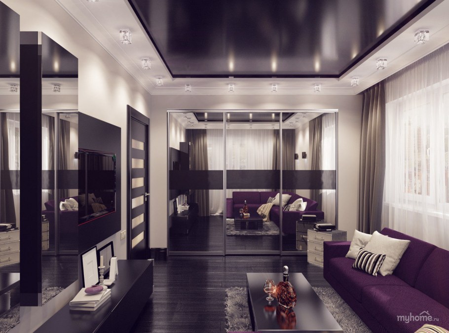 Натяжной черный потолок в гостиной