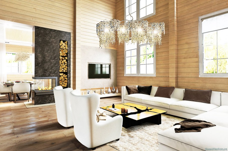 Стильный интерьер дома из клееного бруса