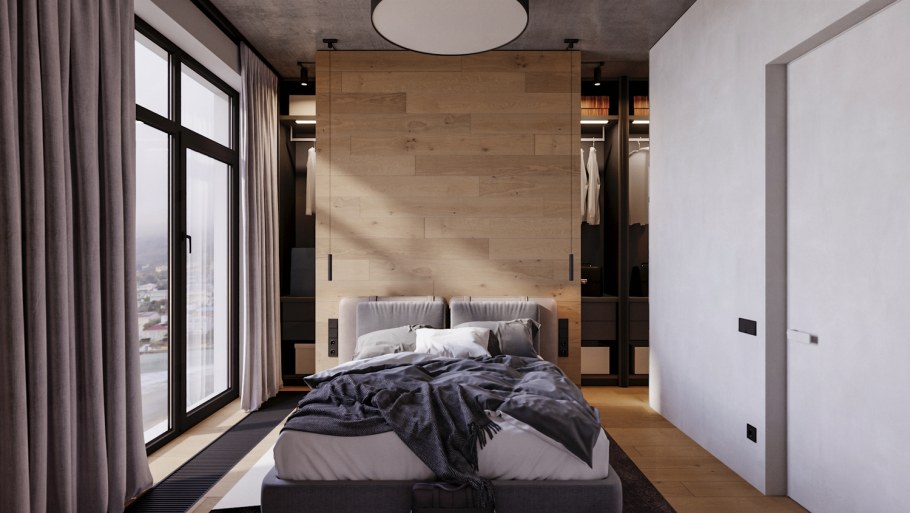 Контемпорари спальня в интерьере с балконом