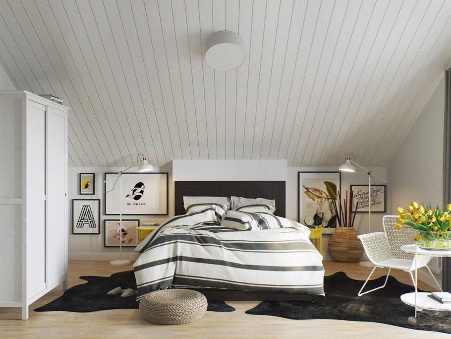 Спальня в скандинавском стиле с деревянной стеной