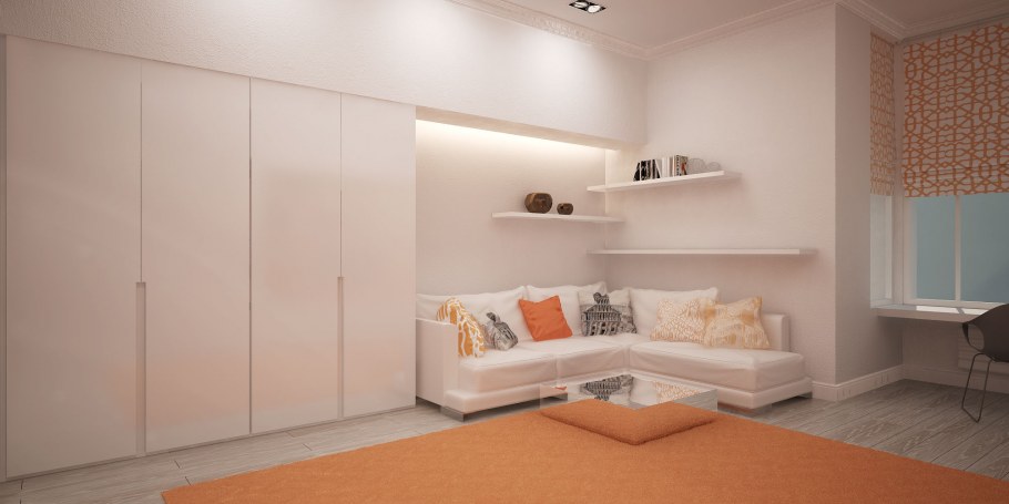 Гостиная с диваном и шкафом