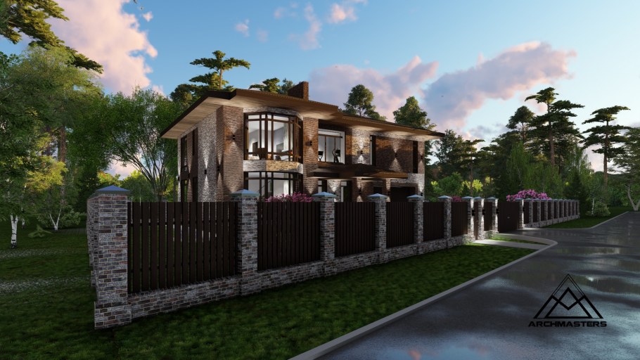 Дом в стиле Райта с забором