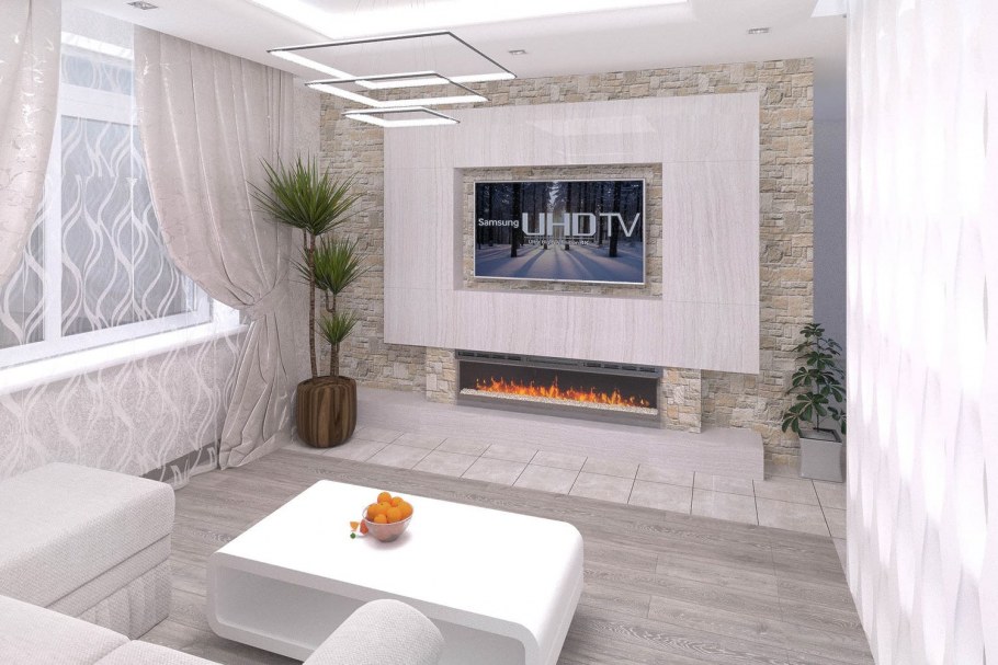 Прямоугольная гостиная с камином