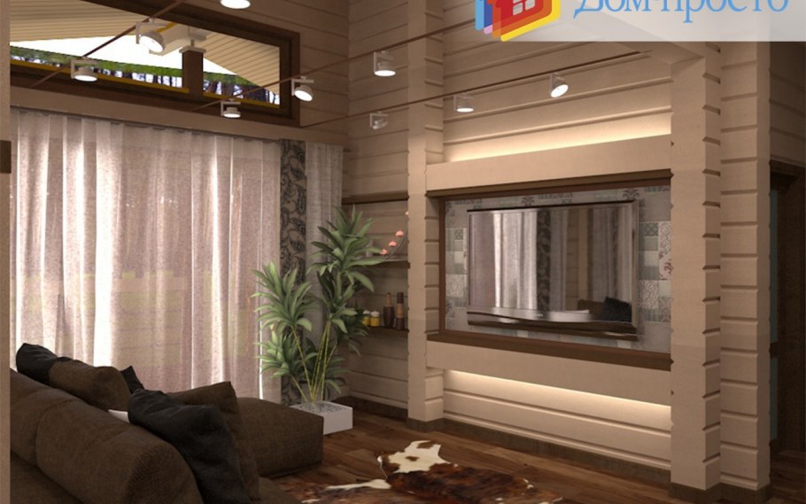 Интерьер бани с комнатой отдыха из клееного бруса