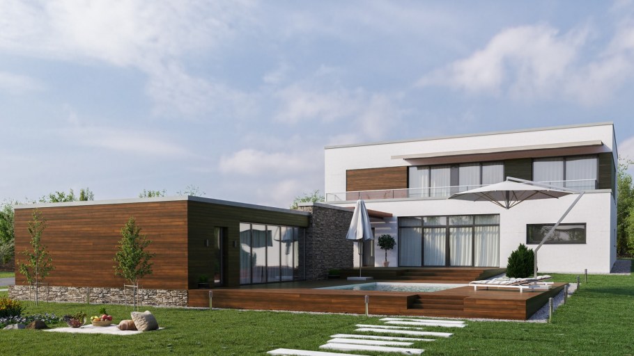 Дом с плоской крышей двухэтажный с бассейном