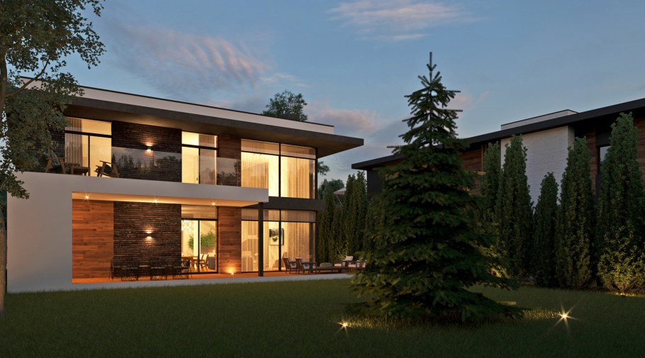 Загородный дом с плоской крышей и панорамным остеклением