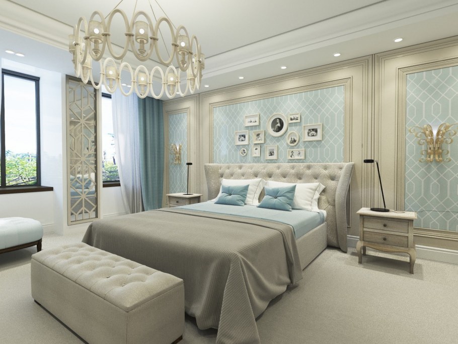 Спальня в голубых и бежевых тонах