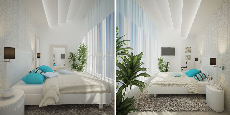 Спальня в белых тонах с яркими акцентами