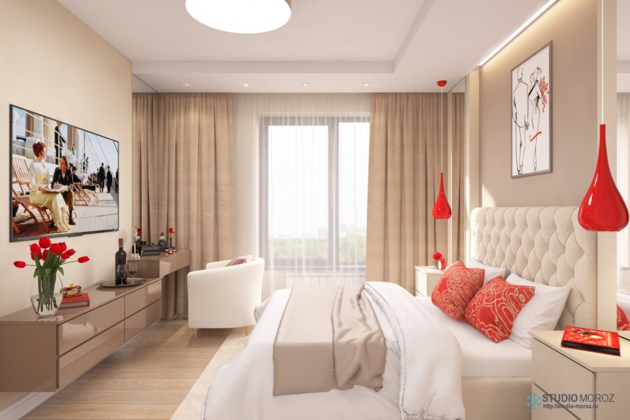 Спальня в бежевых тонах с яркими акцентами