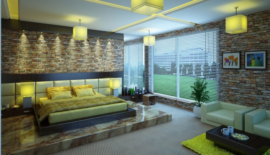 Декоративный камень в интерьере спальни