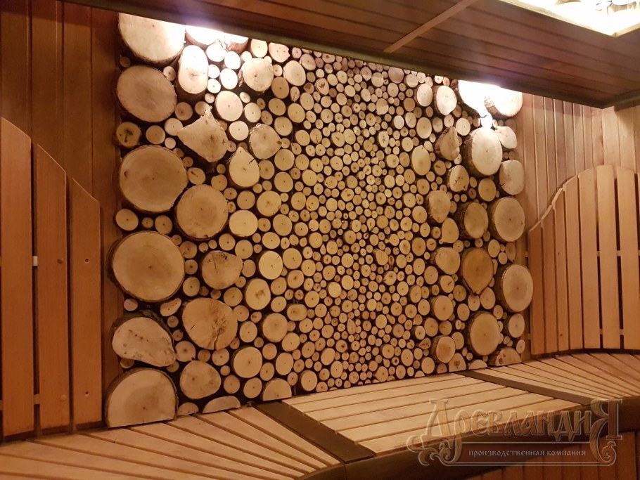Отделка бани спилами дерева