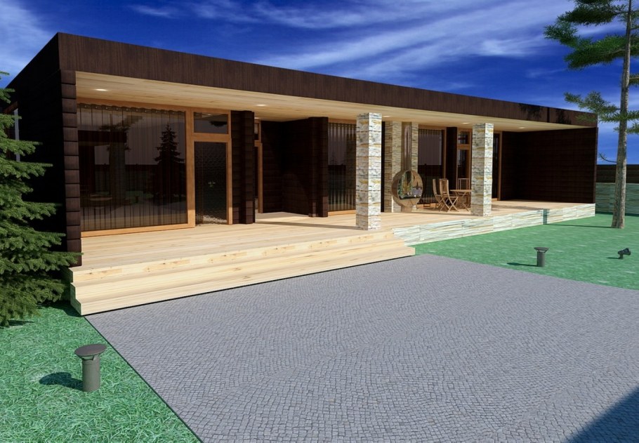 Баня с плоской крышей и террасой